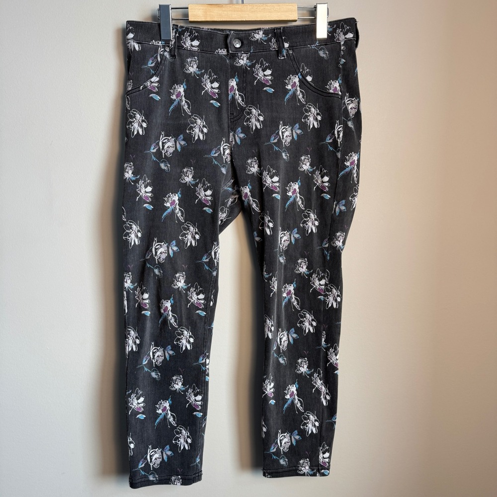 HUE Womens Pants Gray Floral Print Jeggings Size L Fairy Casual Stretch Pockets